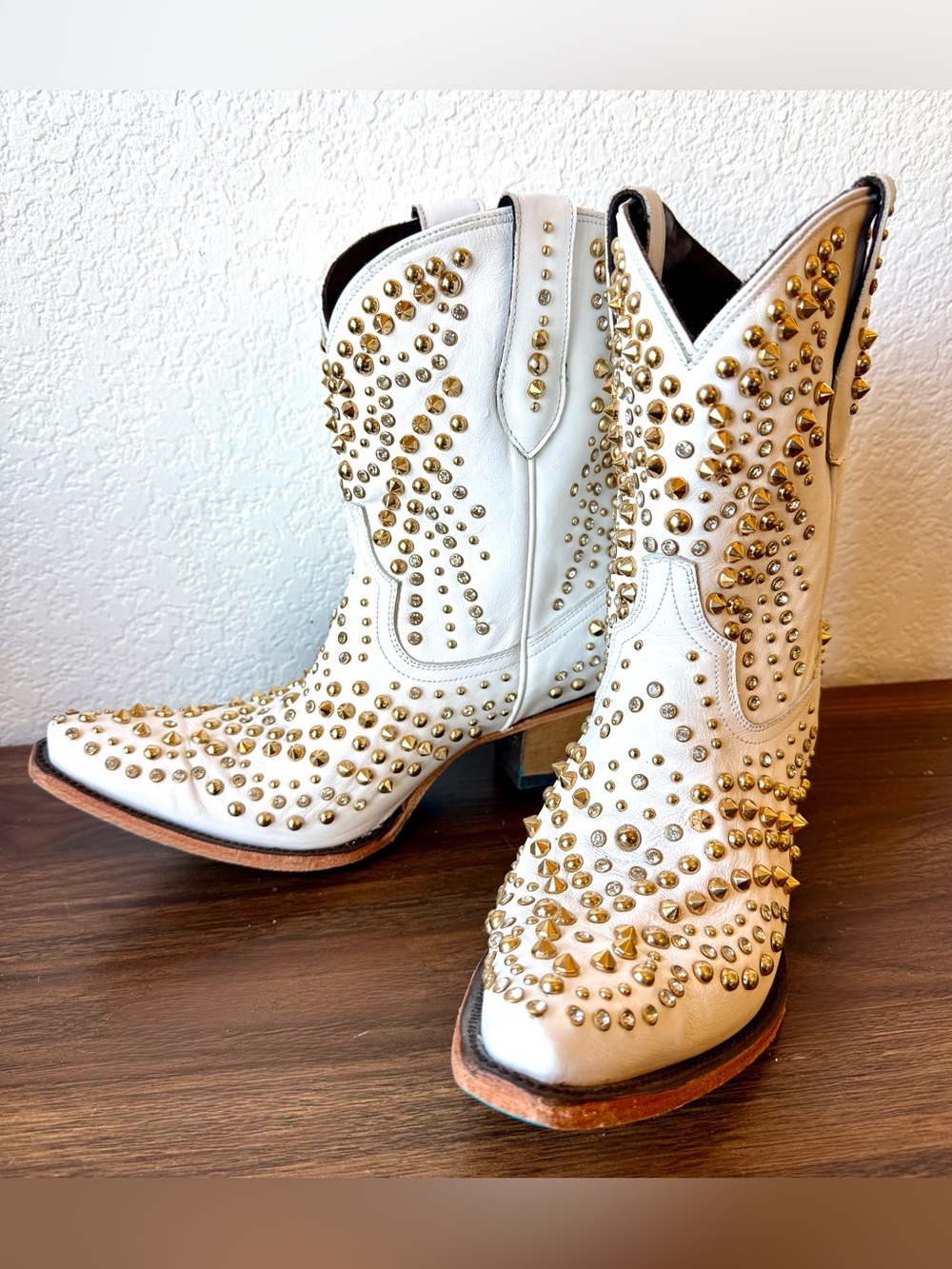 White Studded Lane Boots Dolly Western Boots with Gold Accents Bridal Wedding